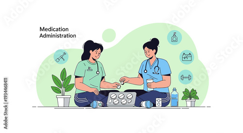 Nurse Administering Medication to Patient, Healthcare Concept, Medical Illustration