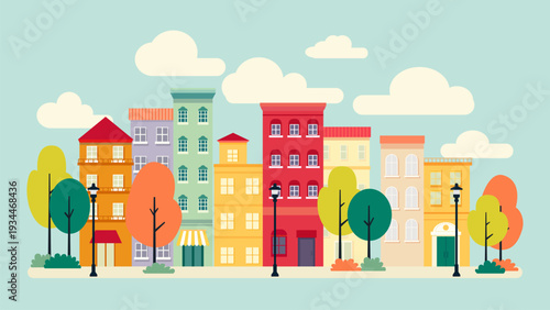 Urban buildings in a small town. Cityscape with colorful houses, trees, clouds, sidewalks, and streetlights. Vector illustration of the city.