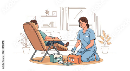 Nurse Administering Treatment to Patient in Medical Chair, Health Care Scene