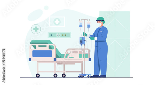 Nurse Administering Treatment in Hospital Room with IV Drip and Bed