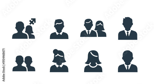 A collection of dark blue silhouette icons representing people in various professional and social interactions