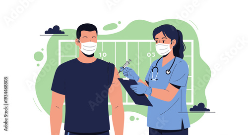 Nurse Administering Vaccine Injection to Patient Wearing Face Mask