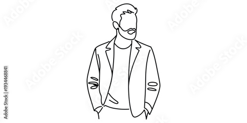Minimalist continuous line drawing of a stylish bearded man