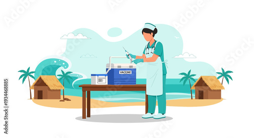 Nurse Administering Vaccine on Tropical Beach with Vaccine Cooler