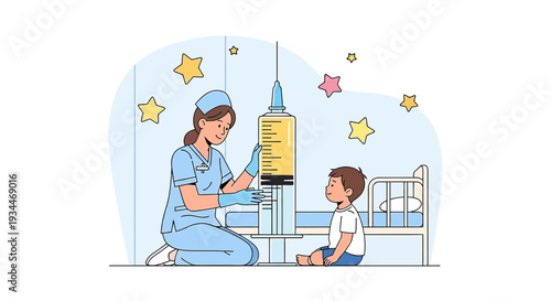 Nurse Administering Vaccine to Child with Giant Syringe Illustration