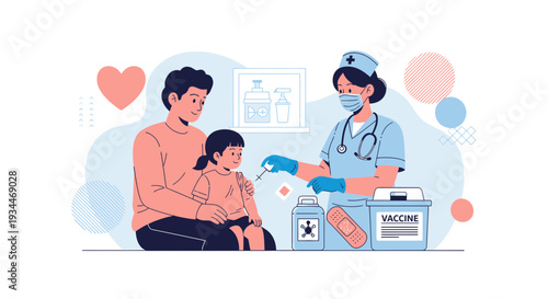 Nurse Administering Vaccine to Child with Parent Present - Healthcare Illustration