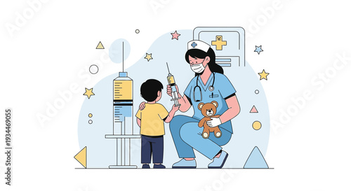 Nurse Administering Vaccine to Child with Teddy Bear