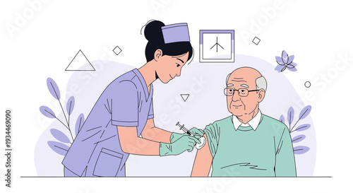 Nurse Administering Vaccine to Elderly Man, Healthcare Concept Illustration