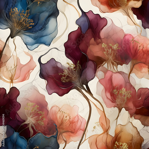 Floral Seamless Pattern Design, Vibrant Jewel Toned flowers