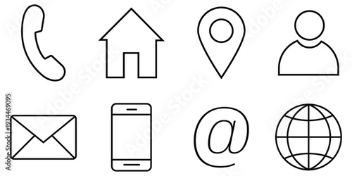Telephone, name, website, location, address and more line icons. Communication icons. Contact information, Contact us icon vector. Vector illustration.
