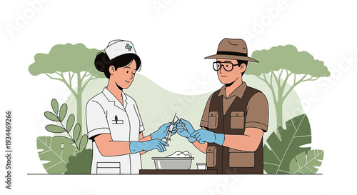 Nurse Administering Vaccine to Explorer in Safari Setting