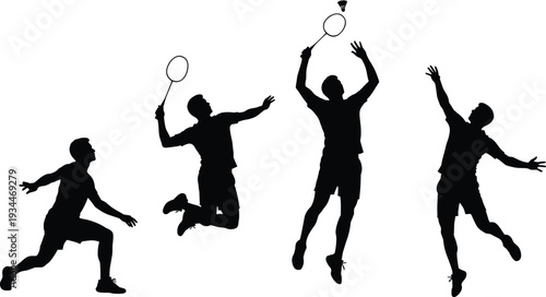Badminton Player Silhouettes Set in Action Poses, Jump Smash and Serve Isolated Black Vector Illustration on White Background for Sports Design