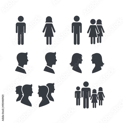 Pictorial Communication: Iconographic depictions of individuals, couples, and groups in silhouette, effectively communicating concepts related to gender, relationships, and human unity.