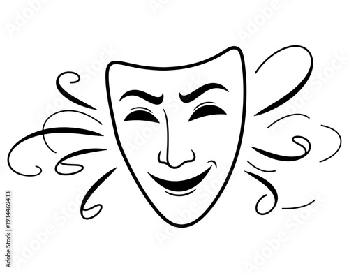 Classic theatrical mask with a joyful expression and decorative swirls on both sides

