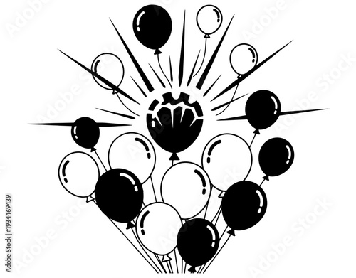 Cluster of balloons radiating outward with a central black balloon at the core

