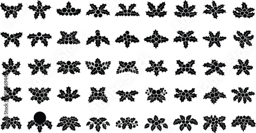 Collection of black holly berry icons on white background for Christmas design