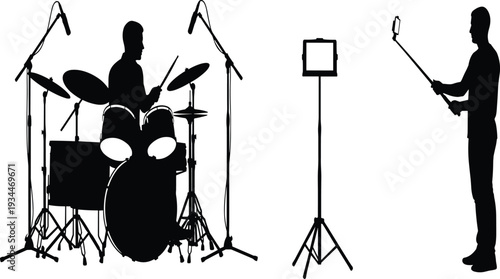 Musician Recording Studio Performance with Drum Kit, Microphones, and Professional Sound Equipment for Audio Production