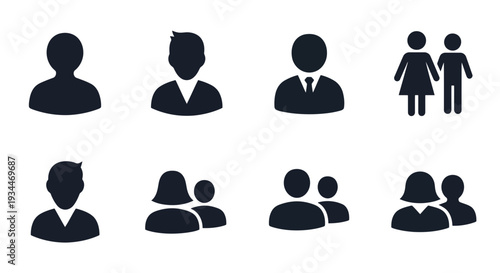 Human silhouette collection: A curated collection of silhouette icons representing individuals and groups, ideal for illustrating diverse concepts such as people, profiles, and relationships.