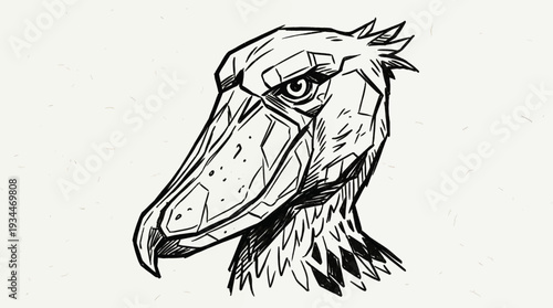 Close-up sketch of a shoebill stork's head with its distinctive large, shoe-shaped beak and intense eyes.