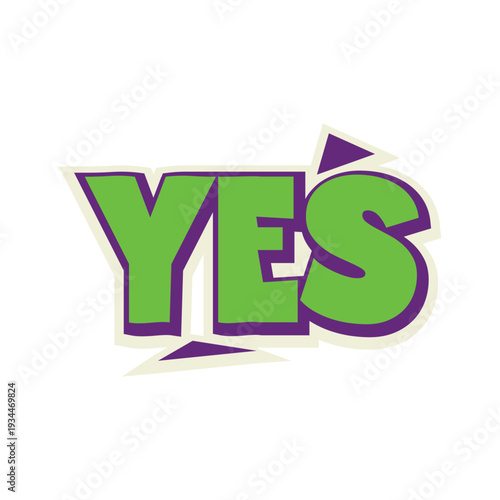Retro 90s Style YES Word Art Graphic, Vibrant Green and Purple Funky Typography Icon Isolated on White, Pop Art Affirmative Sticker Design