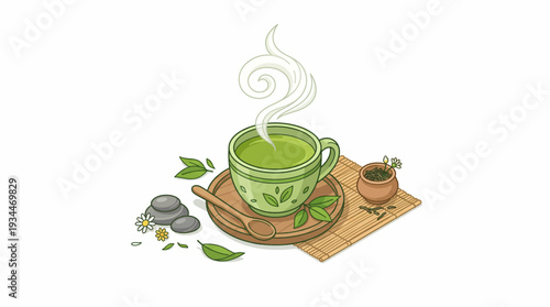 Steaming cup of green tea with tea leaves, stones and a small pot, healthy beverage illustration