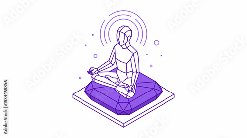 Geometric man meditating in lotus pose on a crystal cushion, radiating energy waves, symbolizing mindfulness, peace, and digital wellness