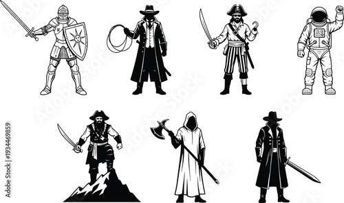 Set of Eight Black and White Character Silhouettes Featuring Knight, Cowboy, Pirate, Astronaut, and Warrior Figures for Creative Design Projects