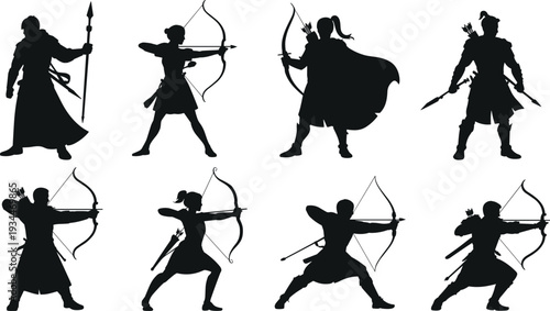 Set of Eight Black Silhouettes of Ancient Warriors and Archers Holding Weapons in Fighting Stances Isolated on White Background