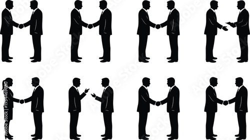 Set of Eight Business People Silhouettes Showing Handshake and Communication in Black and White Isolated