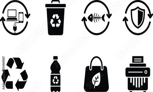 Set of Eight Eco-Friendly Recycling Icons Illustrating Electronic Waste, Plastic Bottles, and Sustainable Living Concepts.