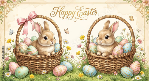 happy easter card with cute bunny and pastel eggs, vintage easter bunny illustration with spring flowers, adorable rabbit in basket easter greeting design, pastel easter eggs and bunny spring holiday 