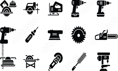 Set of Power Tools Silhouettes Including Saw, Drill, Sander, and Grinder Icons for Construction Design Projects
