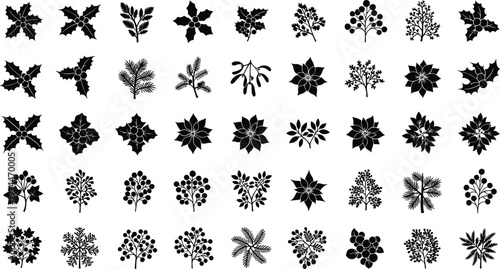 Collection of various black Christmas tree and leaf silhouettes on white background