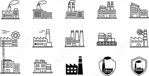 Industrial Factory and Manufacturing Plant Line Icon Set