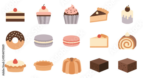 Set of Flat Sweet Desserts and Bakery Icons, Cake, Macarons, Cupcakes, and Pastry Vector Illustrations Isolated on White Background