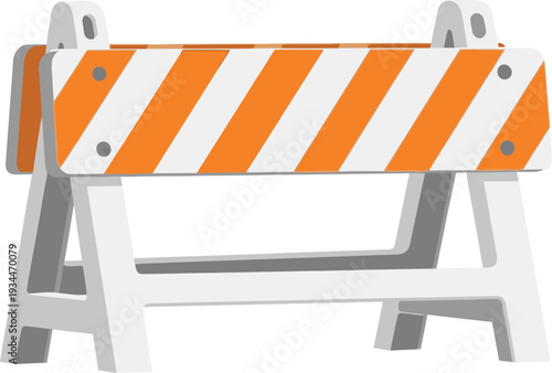 Construction barrier with orange and white warning stripes stands ready.