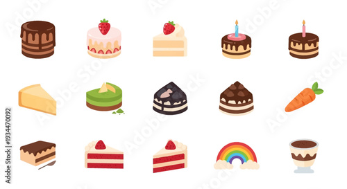 Set of Delicious Dessert Icons Cake Slices and Sweet Treats Flat Vector Illustration