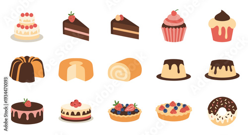 Assorted bakery and dessert icons set with chocolate cake donut pudding and fruit tart in flat design style isolated on white
