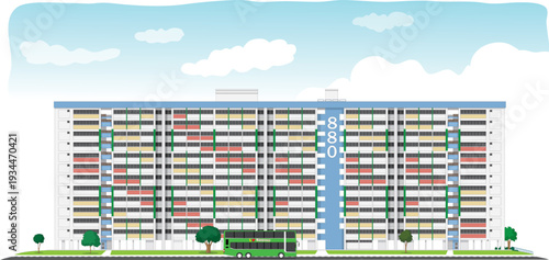 A double-decker bus passes by Singapore's public flat housing, showcasing the bustling life and modern architecture that define the city's residential areas.