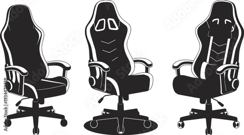 Set of Three Modern Black Gaming Chairs Isolated on White Background for Gamers and Office Use