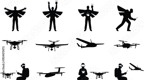 Silhouette collection featuring flying characters with wings, small aircraft, and operators controlling advanced technology devices for creative design use.