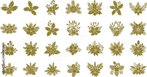 Golden Christmas floral illustrations for holiday designs