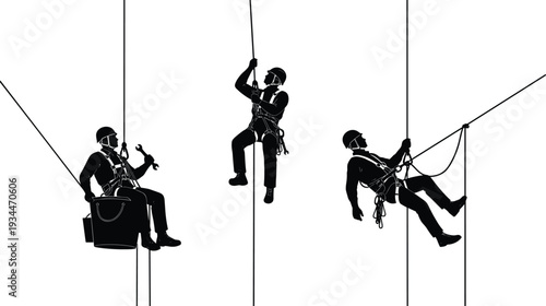 Silhouette of three industrial workers performing high altitude maintenance tasks while securely suspended on ropes against a plain background.