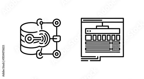 Icons of data modeling and schema design, illustrating database structure, information architecture, and software development concepts.
