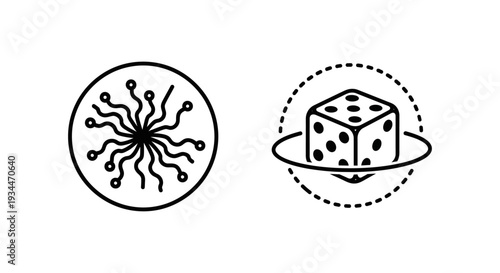 Icons for quantum randomness and quantum RNG, representing unpredictable algorithms, probability, and advanced technology in secure systems.