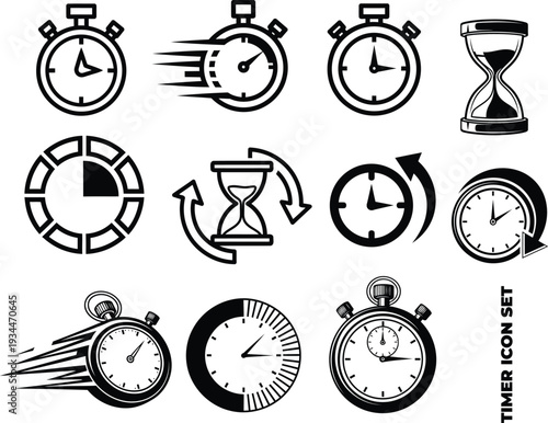 Timer clock icon set including digital countdown alarm alert and time tracking symbols