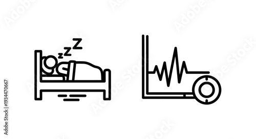 Resting person in bed icon and heart rate monitor line graph with pulse wave, representing sleep and health monitoring.