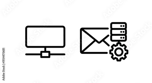 Computer screen displaying SMTP protocol next to an email envelope icon and server rack with gears, symbolizing email sending and server configuration.