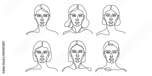 Minimalist continuous line art female portraits set
