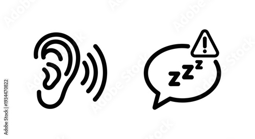 Ear with sound waves icon and a speech bubble with 'ZZZ' and exclamation mark, symbolizing hearing, noise, and disturbed sleep.
